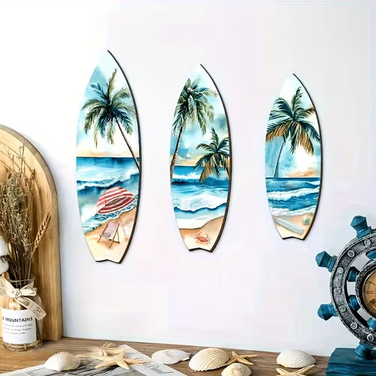 Home Decor Nautical - 3pcs Ocean View Surfboard Wooden Wall