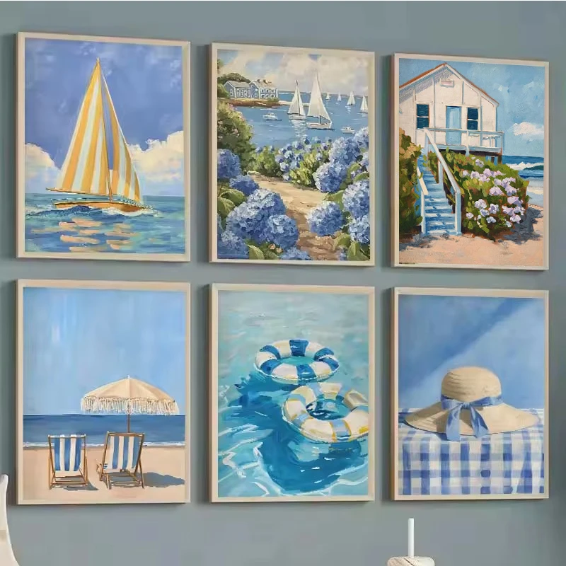 Blue Coastal Beach Sailboat Hy - огляд і ціна Home Decor Interior